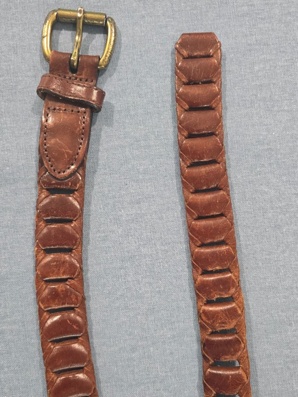 Vintage genuine leather woven belt in rich brown